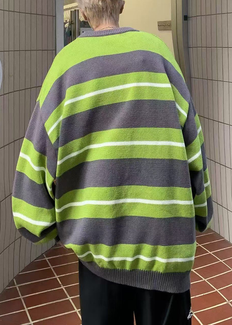 New Green O Neck Striped Knit Mens Sweaters Winter