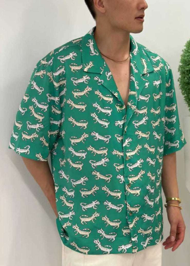 New Green Peter Pan Collar Print Cotton Men Shirt Summer