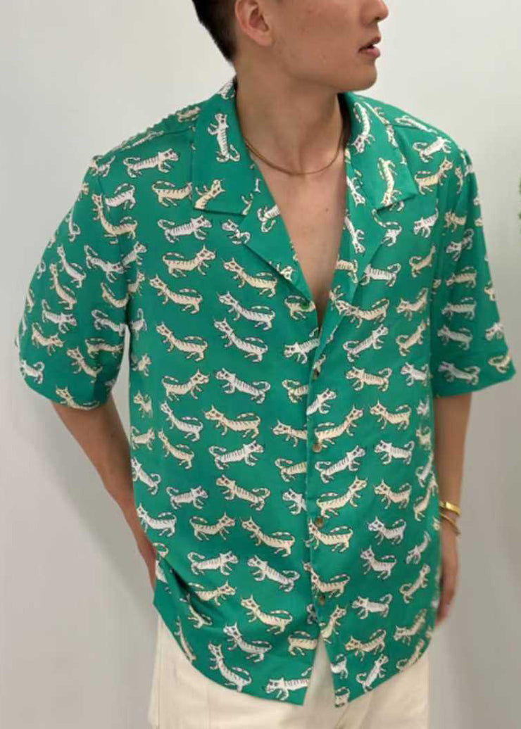 New Green Peter Pan Collar Print Cotton Men Shirt Summer