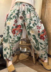 New Green Print Pockets Cotton Crop Pants Summer