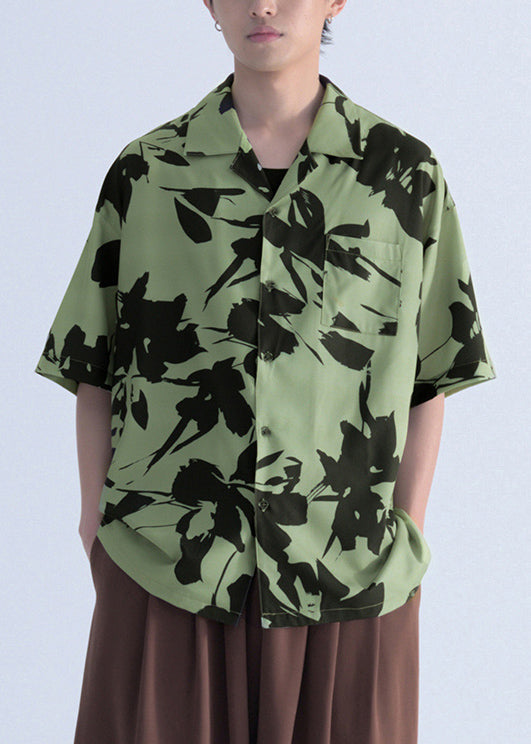 New Green Print Pockets Cotton Men Shirts Summer