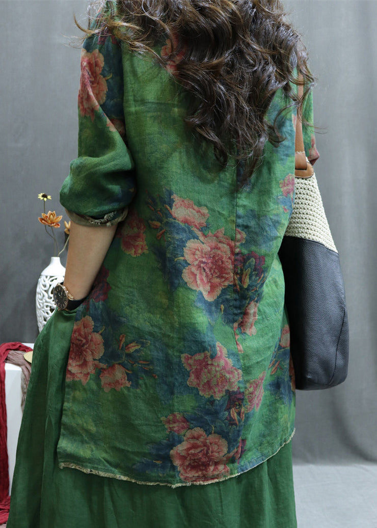 New Green Print Side Open Linen Blouse Spring