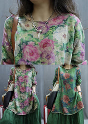 New Green Print Side Open Linen Blouse Spring