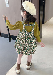 New Green Print Tops And Dress Cotton Girls Two Pieces Set Long Sleeve