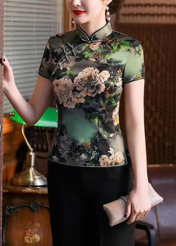 New Green Stand Collar Print Button Silk Top Summer