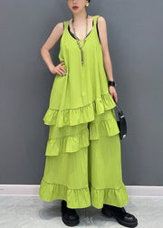 New Green U Neck Ruffled Solid Cotton Spaghetti Strap Sleeveless