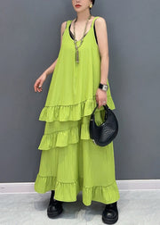 New Green U Neck Ruffled Solid Cotton Spaghetti Strap Sleeveless