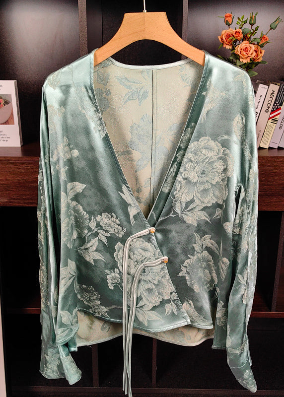 New Green V Neck Print Chinese Button Silk Tops Long Sleeve