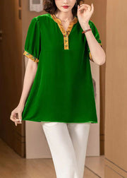 New Green V Neck Print Patchwork Silk Velour Blouses Short Sleeve