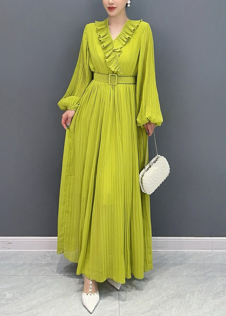 New Green V Neck Wrinkled Solid Cotton Long Dress Fall