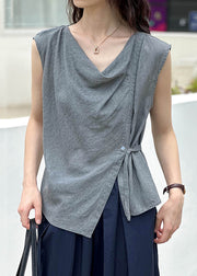 New Grey Asymmetrical Button Cotton Top Summer