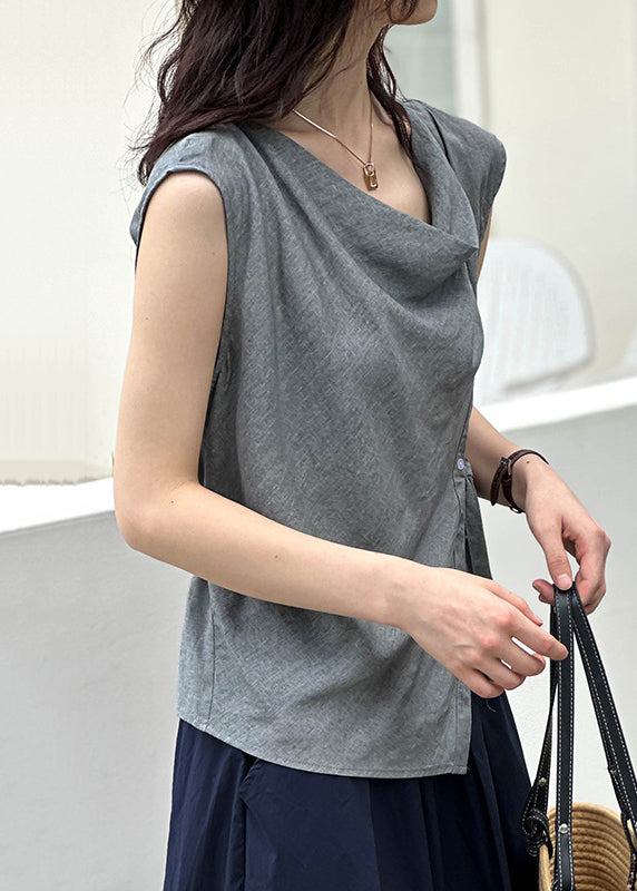 New Grey Asymmetrical Button Cotton Top Summer