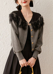 New Grey Button Tulle Patchwork Cotton Coat Spring