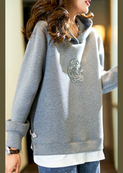 New Grey Hooded Nail Bead Cotton Sweatshirts Spring