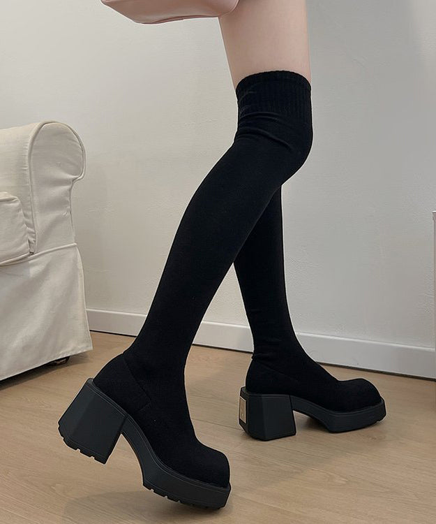 New Grey Knit Fabric Chic Splicing Chunky Heel Knee Boots