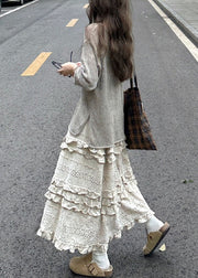 New Grey Knit Tops And Beige Ruffled Skirts Two Piece Set Spring