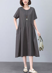 New Grey O Neck Pockets Cotton Dresses Summer