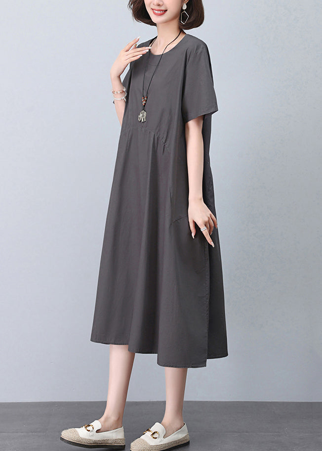 New Grey O Neck Pockets Cotton Dresses Summer