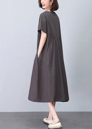 New Grey O Neck Pockets Cotton Dresses Summer