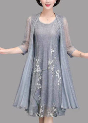 New Grey O Neck Print Tulle Two Piece Set Spring