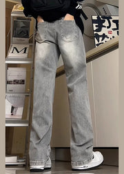 New Grey Pockets Denim Men Straight Pants Fall