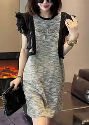 New Grey Ruffled Patchwork Cotton Mid Dress Summer