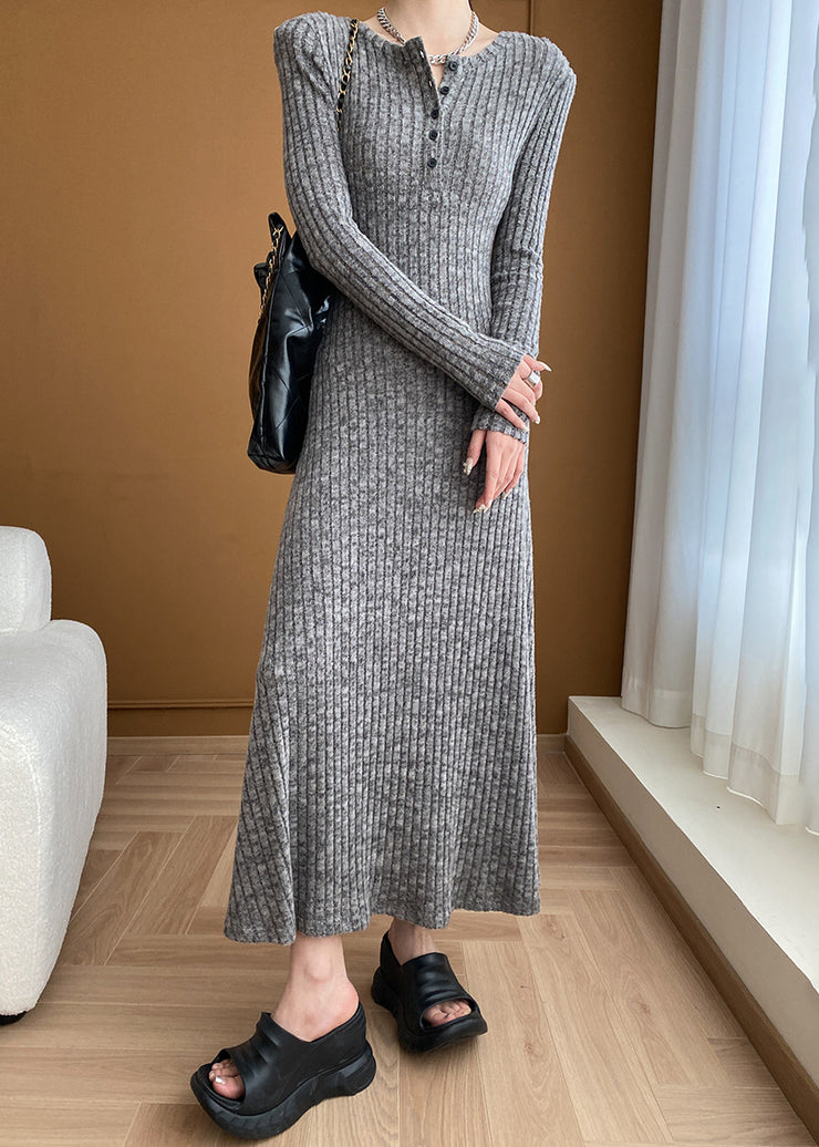 New Grey V Neck Button Cotton Knit Sweater Dress Long Sleeve