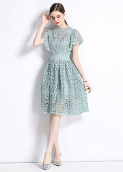 New Hollow Out Embroideried Wrinkled Patchwork Lace Mid Dress Butterfly Sleeve