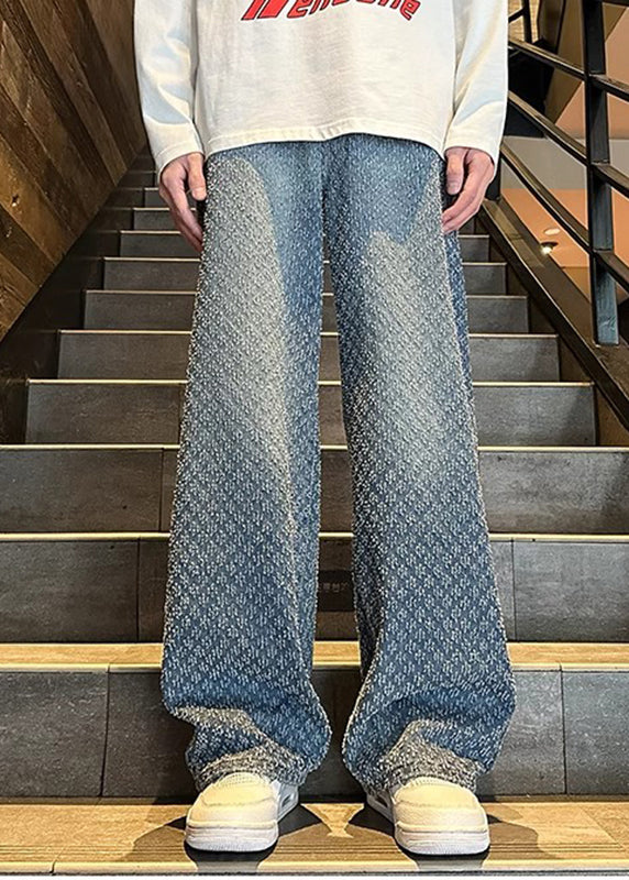 New Jacquard Blue Pockets Mens Denim Pants Summer