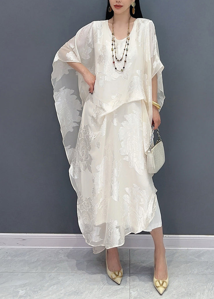 New Jacquard White Silk Maxi Dresses Summer