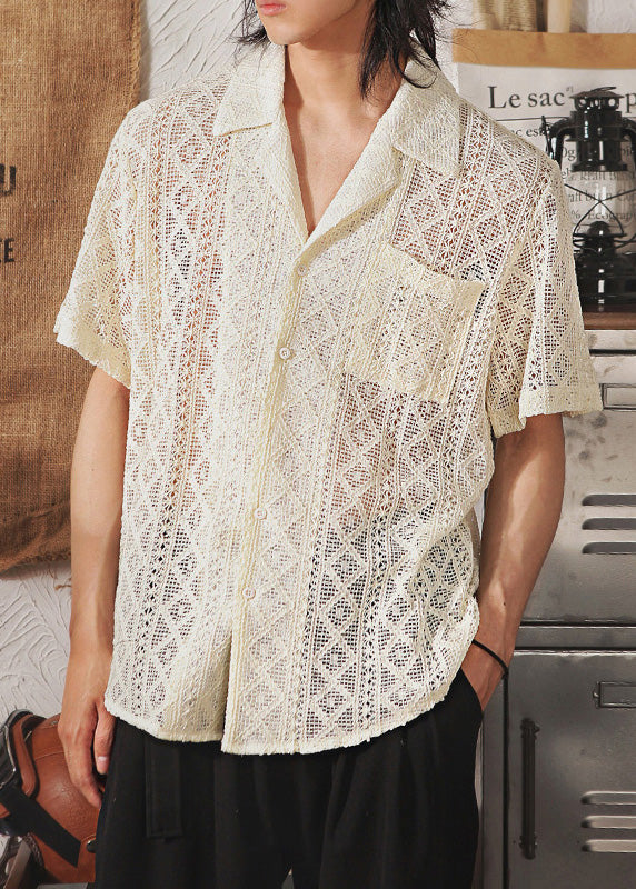 New Japanese Breathable Hollow Lace Cuban Collar Short Sleeved Shirt Men