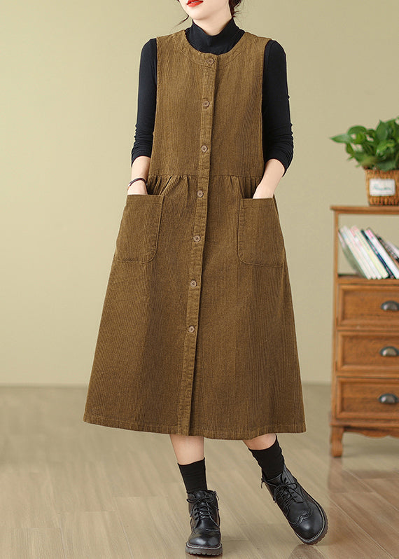 New Khaki Button Wrinkled Corduroy Waistcoat Dress Sleeveless