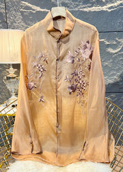 New Khaki Embroidered Button Tulle Blouses Long Sleeve