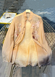 New Khaki Embroidered Button Tulle Blouses Long Sleeve