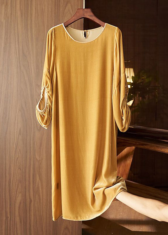 New Khaki O Neck Patchwork Silk Velour Dress Lantern Sleeve