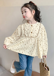 New Khaki O-Neck Print Cotton Girls Shirt Long Sleeve