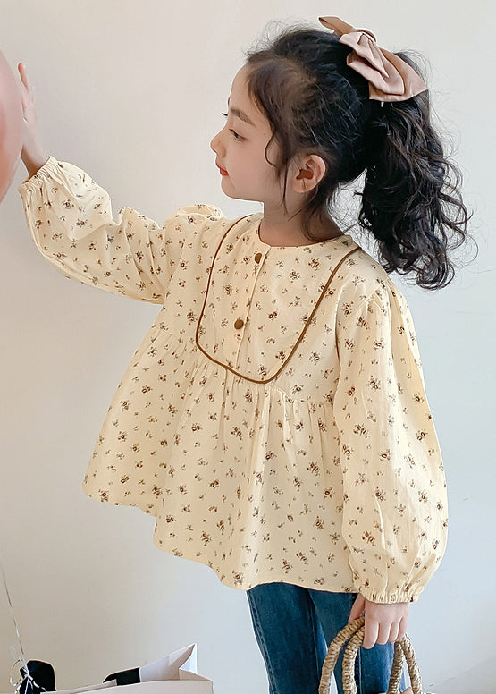 New Khaki O-Neck Print Cotton Girls Shirt Long Sleeve