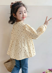 New Khaki O-Neck Print Cotton Girls Shirt Long Sleeve