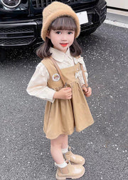 New Khaki Peter Pan Collar False Two Pieces Cotton Girls Dress Long Sleeve