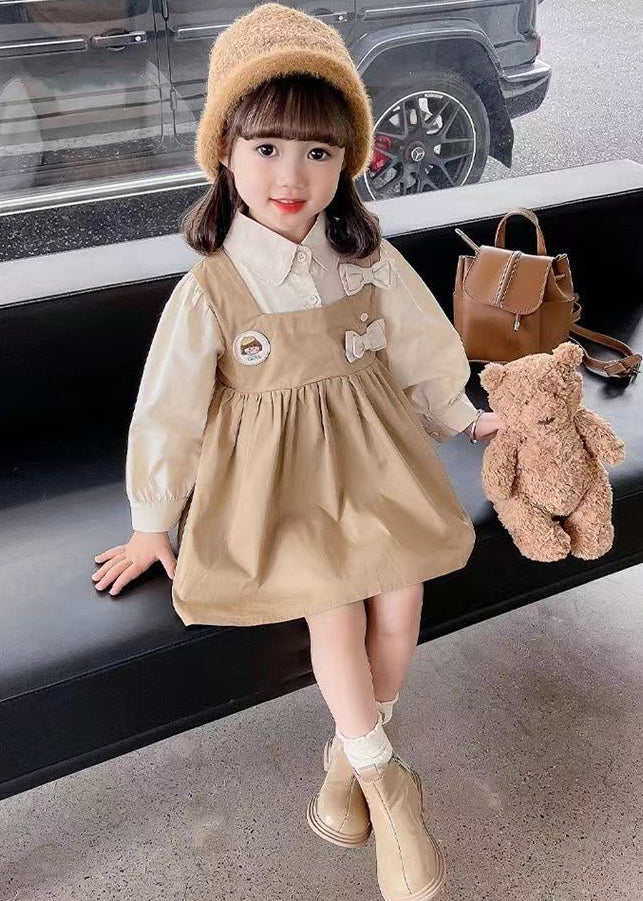 New Khaki Peter Pan Collar False Two Pieces Cotton Girls Dress Long Sleeve