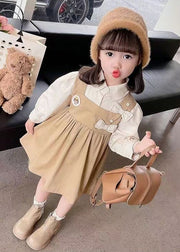 New Khaki Peter Pan Collar False Two Pieces Cotton Girls Dress Long Sleeve