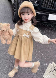 New Khaki Peter Pan Collar False Two Pieces Cotton Girls Dress Long Sleeve