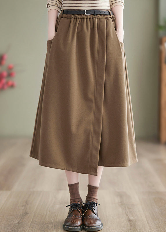 New Khaki Pockets Elastic Waist Woolen Skirts Spring