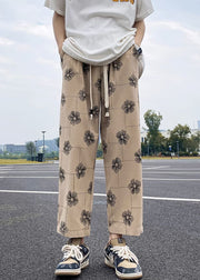 New Khaki Print Elastic Waist Cotton Men Crop Pants Summer