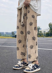 New Khaki Print Elastic Waist Cotton Men Crop Pants Summer