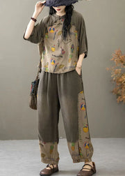 New Khaki Print Pockets Patchwork Denim Two Pieces Set Half Sleeve