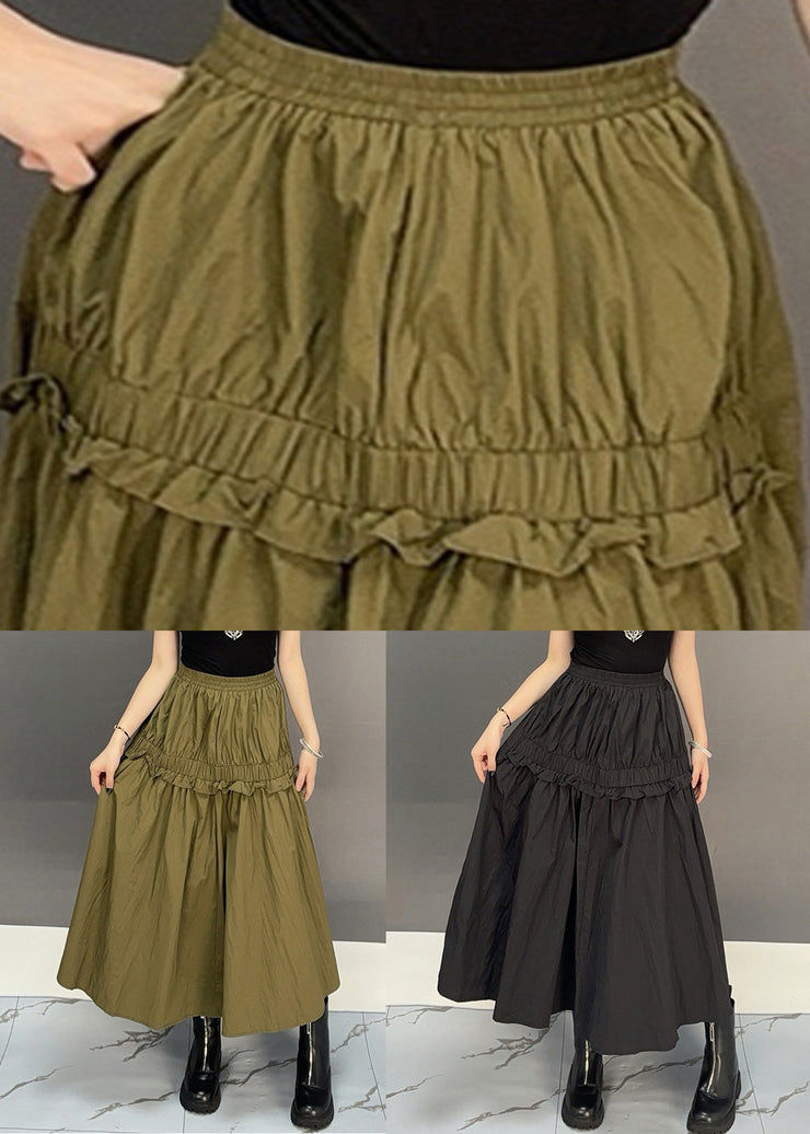 New Khaki Ruffled Pockets Elastic Waist Cotton Skirts Fall