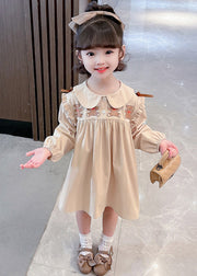 New Khaki Ruffled Print Cotton Girls Dresses Long Sleeve