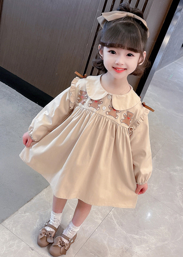 New Khaki Ruffled Print Cotton Girls Dresses Long Sleeve