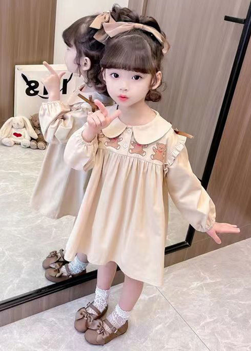 New Khaki Ruffled Print Cotton Girls Dresses Long Sleeve